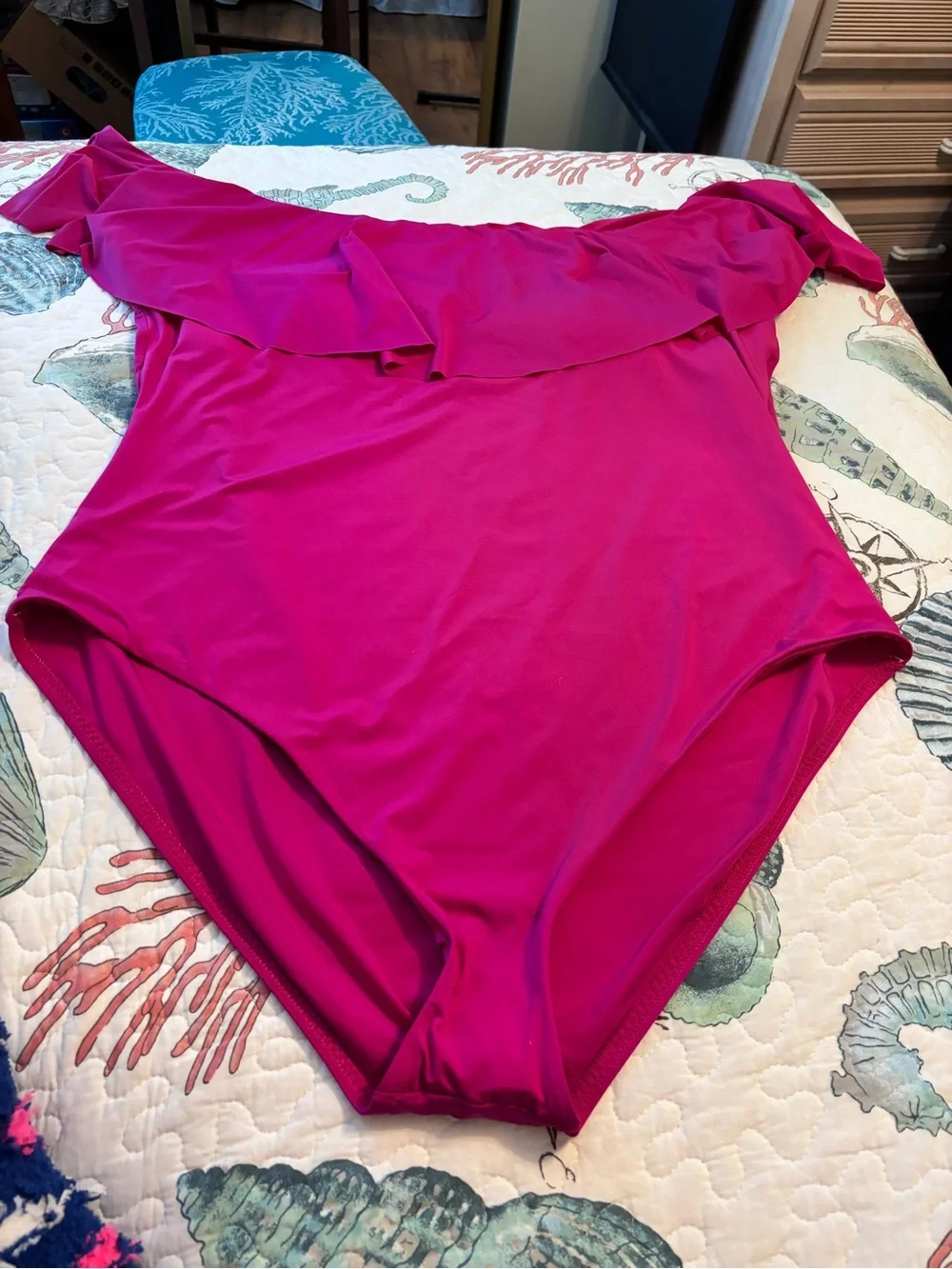 Trina Turk Fuchsia Off-Shoulder Ruffle One-Piece Swimsuit
